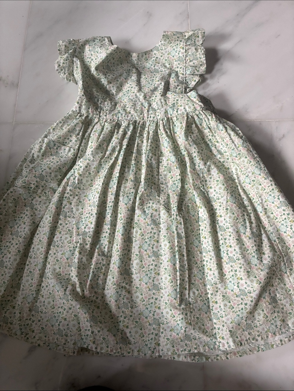 Girls Floral Green Cotton Dress with Ruffled Sleeves